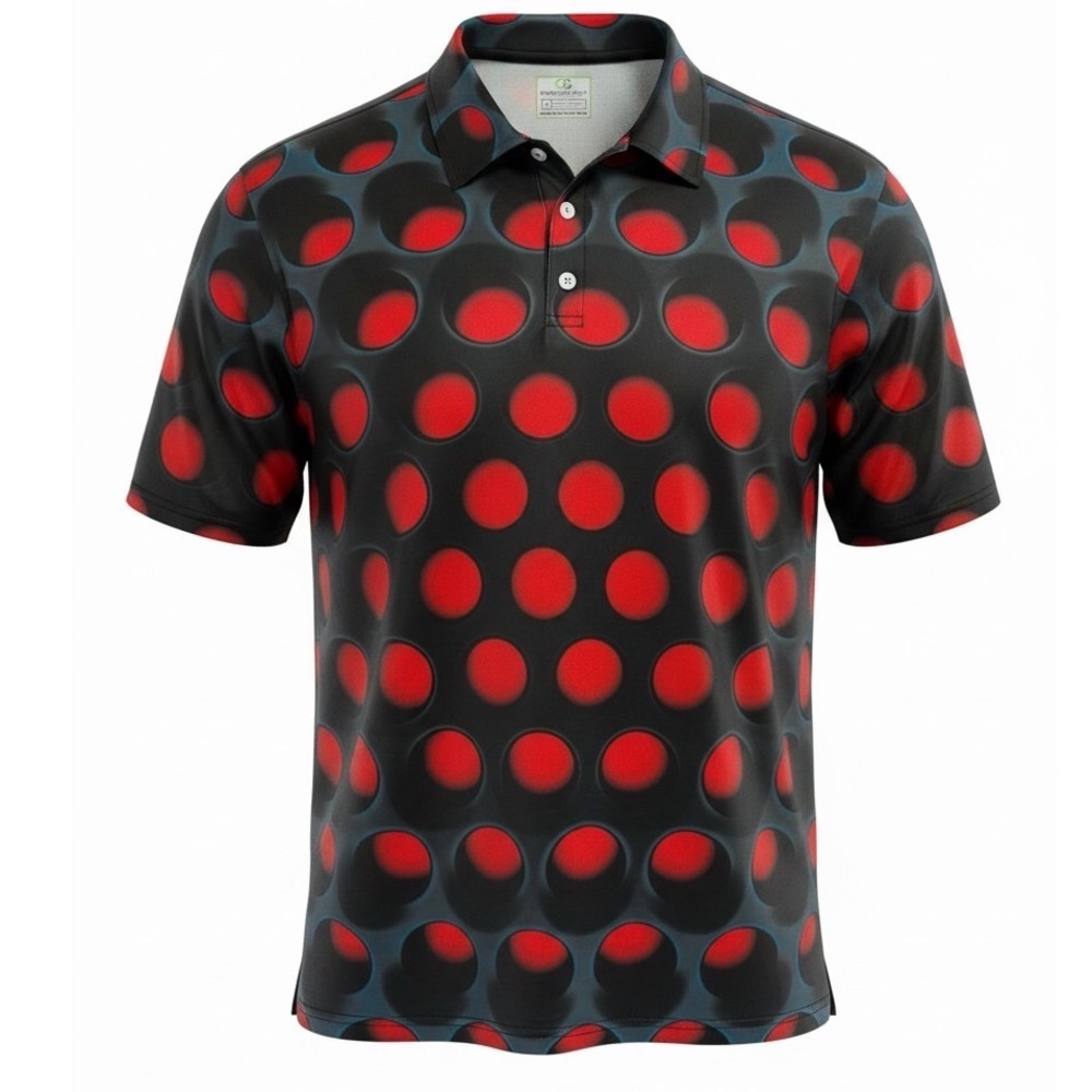 Obnoxious Golf Mens Large Performance Polo Red Black 3D Polka Dot Stretch (L13)